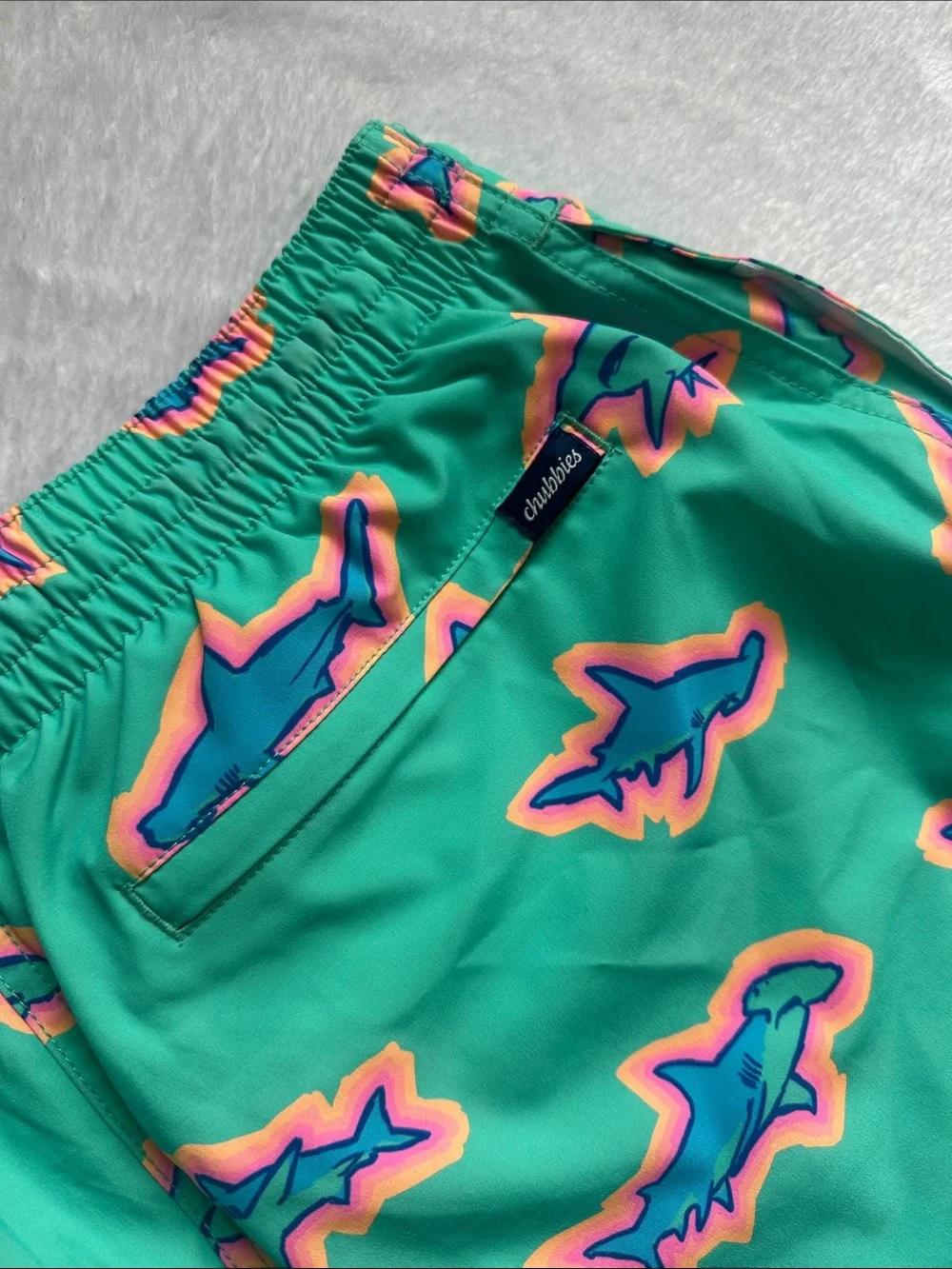 Chubbies Men L Teal Shark Print Swim Trunks Quick Dry Lightweight Quirky Shorts